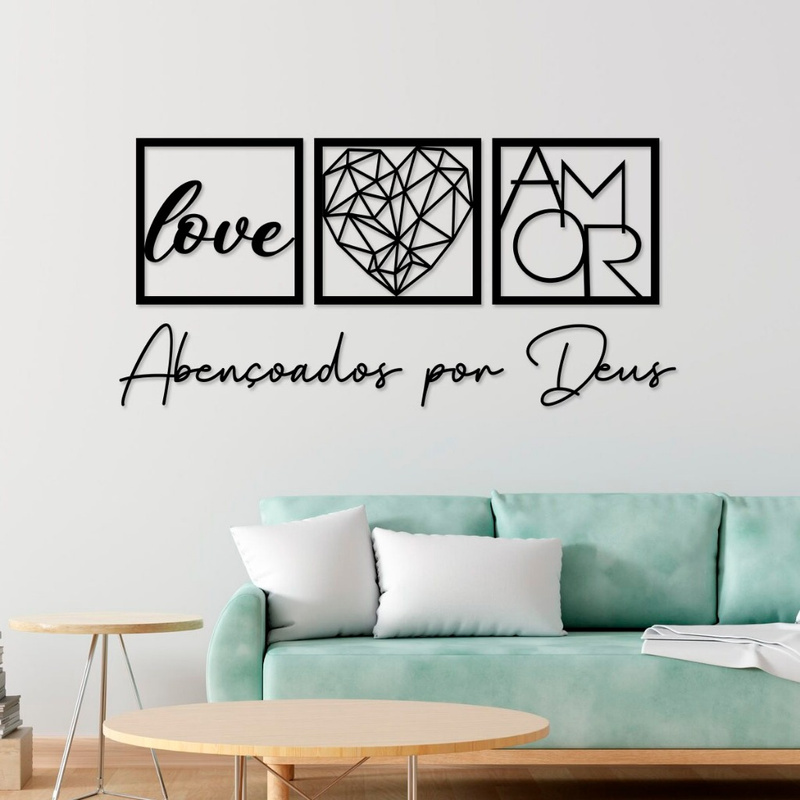 Kit com 3 Quadros Decorativos + Frase Abençoados por Deus - Decoração para Sala e Quarto em mdf